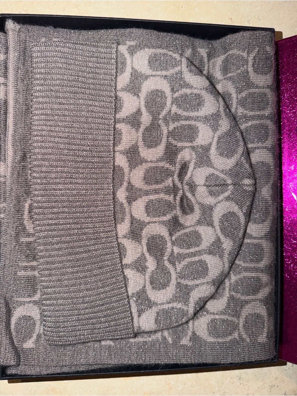 Coach Gray Logo Knit Beanie and Scarf Set